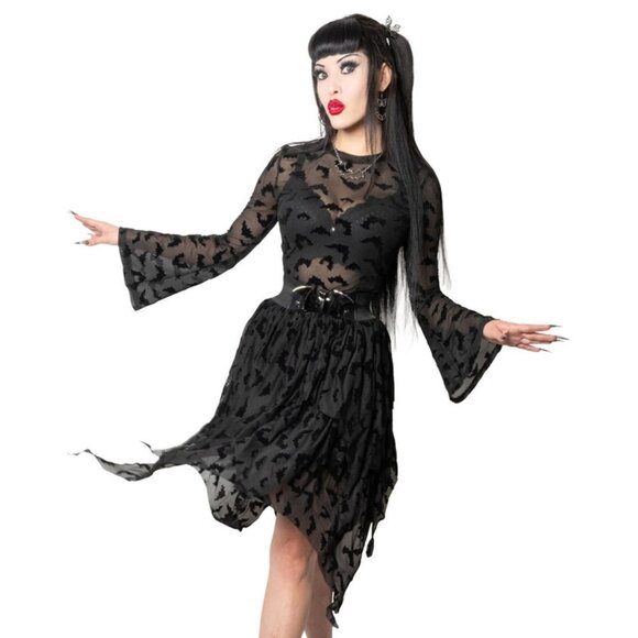 Black Bat Repeat Mesh Tiered Midi Skirt Tattered Hem S-M-L-XL-2XL-3XL NWT - Picture 4 of 6